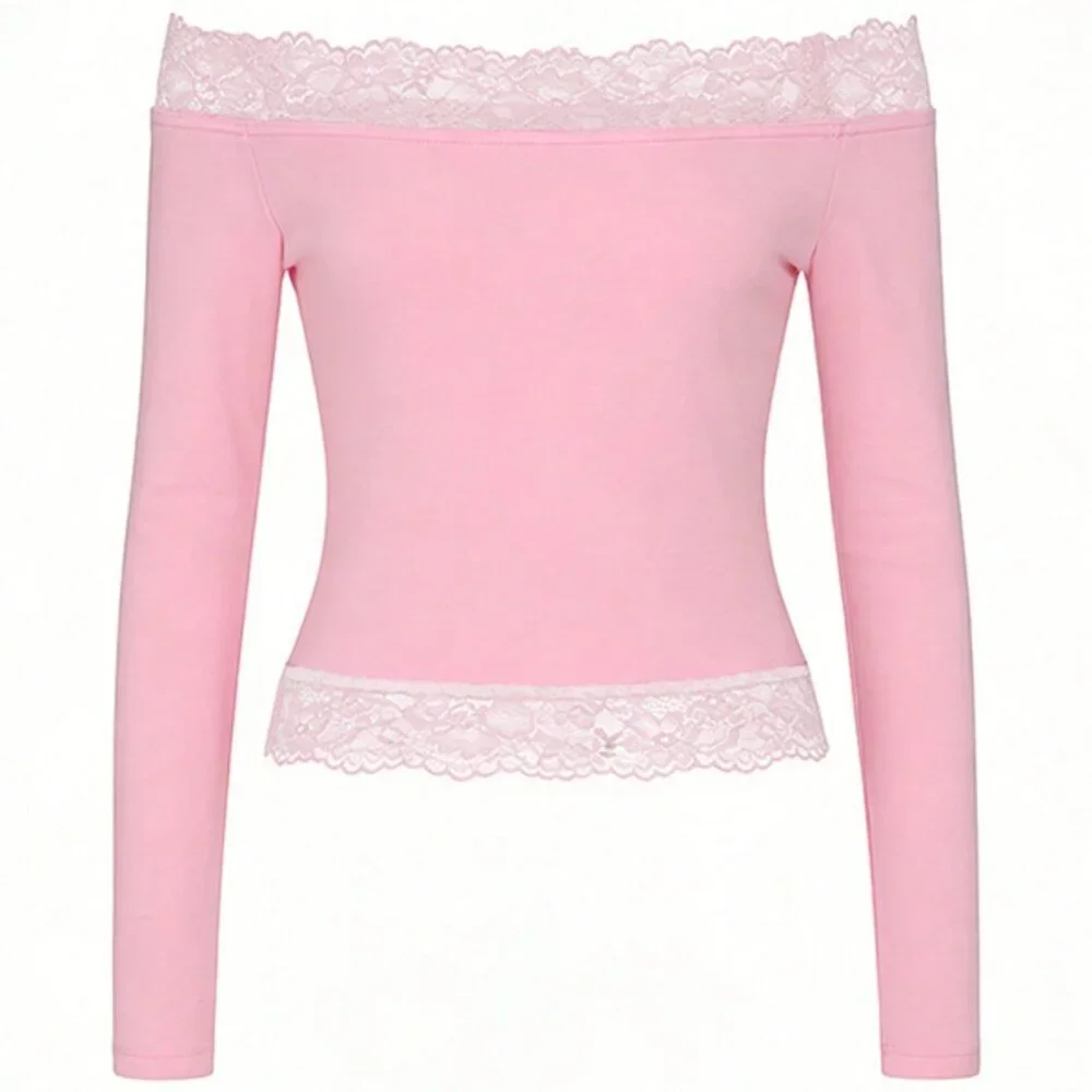 Pink Casual Women's Lace Off Shoulder Long Sleeve Top - Picture 5 of 5